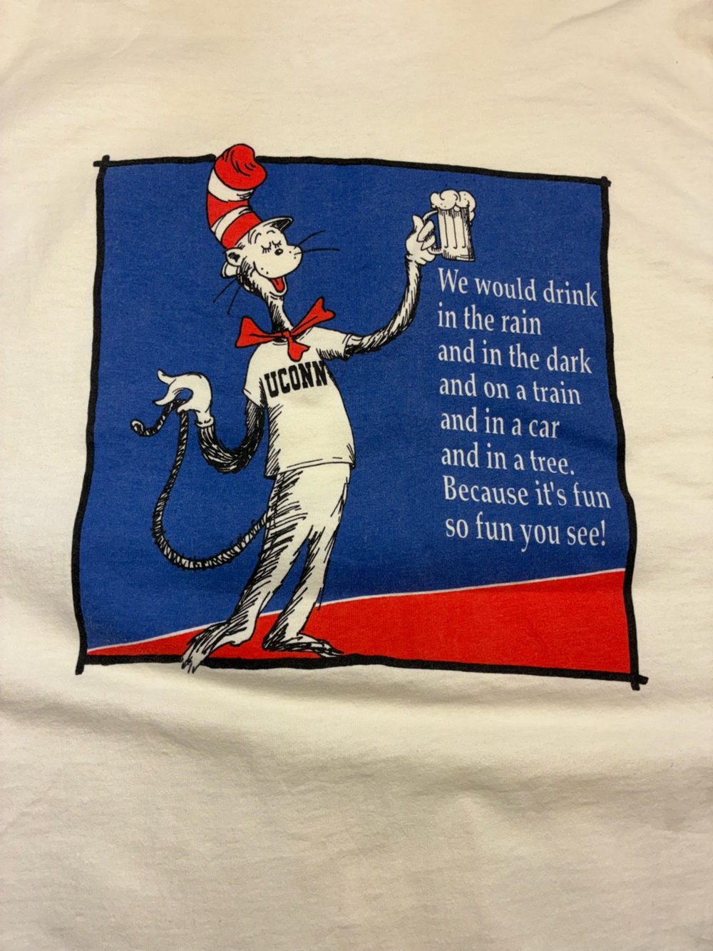 Dr. Seuss Drinking Cat in the Hat Graphic Tee - White with Blue & Red Print
